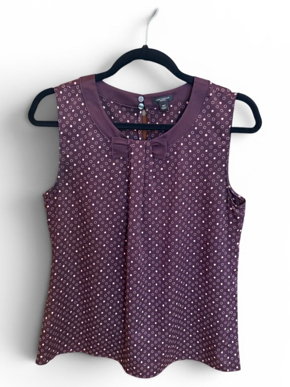 Ann Taylor Petite Sleeveless Blouse Purple Polka Dot Bow Neck Top MP